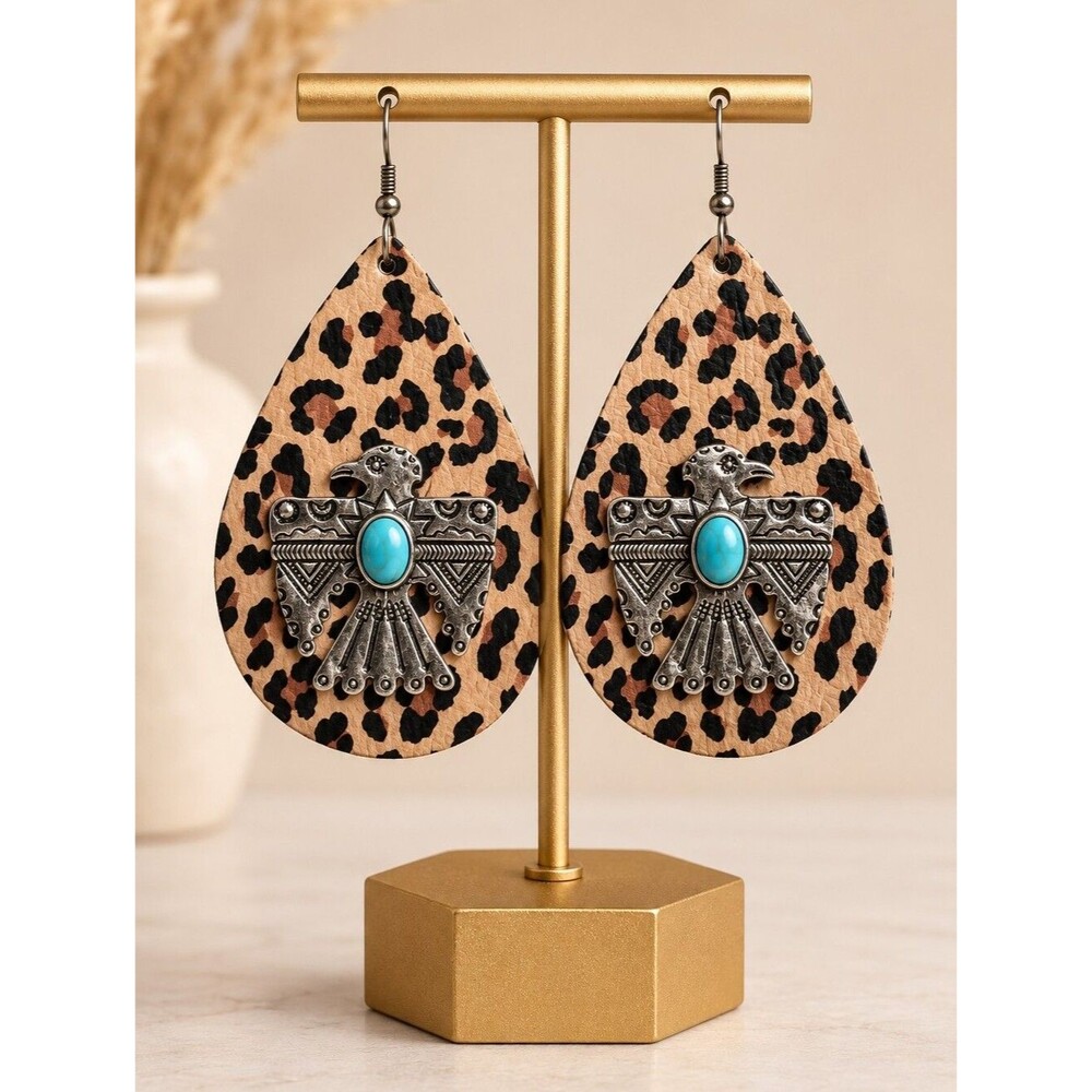 Leopard Teardrop Thunderbird Earrings with Turquoise Accent - Women Jewelry NWT